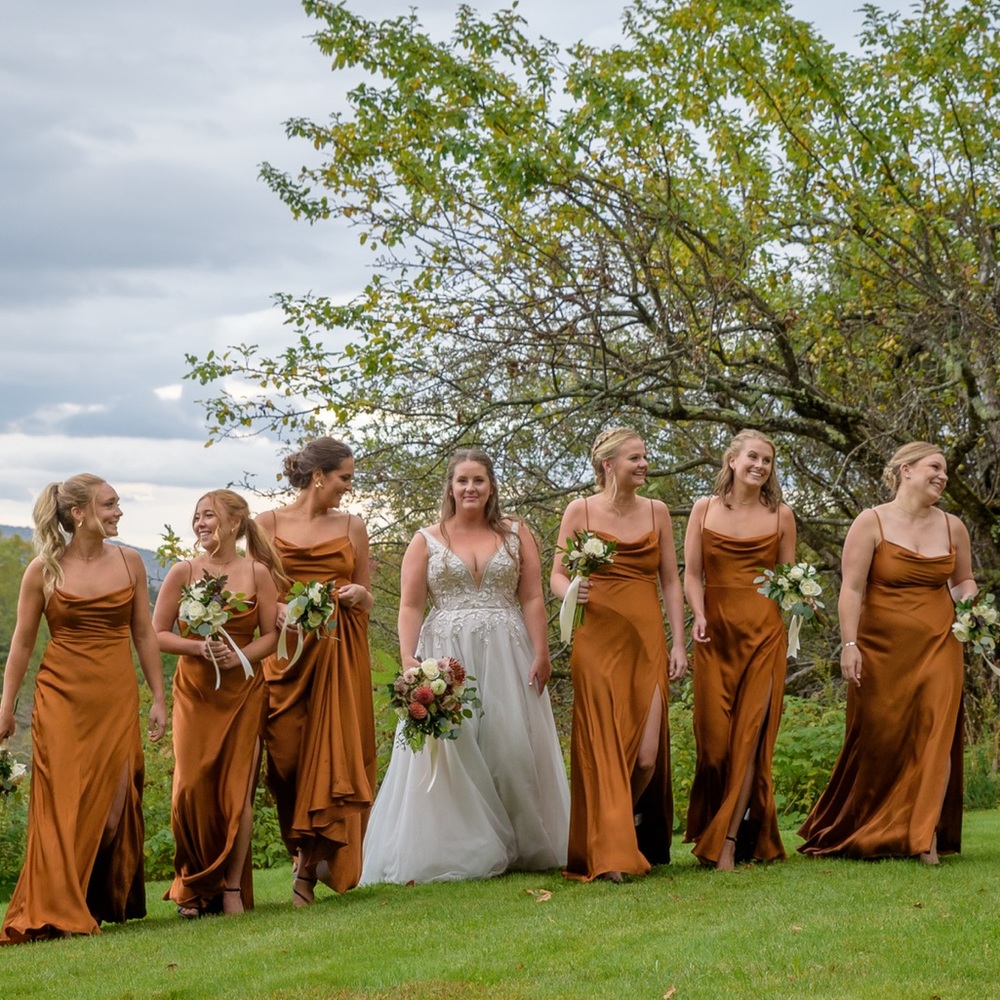 Fame & Partners Strappy Draped Gown | Matte Satin Rust | beautiful slip gown